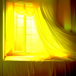 An ethereal dreamscape filled with golden mist, soft yellow light floating through translucent curtains, a peaceful intimate space, abstract shapes of a bed and window barely visible, surreal atmosphere, inspired by quiet romantic dreams, floating fabric, silence and warmth, painterly style, nighttime