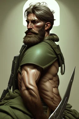 photorealistic male bearded handsome soldier, hyperdetailed painting, luminism, Bar lighting, complex, dark green miltary, 4k resolution concept art, Artgerm, WLOP, Alphonse Mucha, 3d render, octane render, intricately detailed, cinematic, awesome full color, hand drawn, dark, gritty, cinematic, buckeye burl