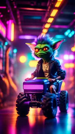 portrait of Hairy Gremlin pimp ninja cyber yoga punk in flying hipster tractor parked in dark tron neon lit reflective smoke arcade hall tunnel,bokeh like f/0.8, tilt-shift lens 8k, high detail, smooth render, down-light, unreal engine, prize winning