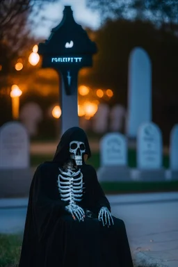 photo of a hoodless grim reaper wearing a suit, highlighting shiny areas of the skull, sitting outside a cemetery with a welcome sign, wearing suit, rim lighting, studio lighting, looking at the camera, dslr, ultra quality, sharp focus, tack sharp, dof, film grain, Fujifilm XT3, crystal clear, 8K UHD, clean, orange evening lighting