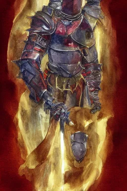 dnd, fantasy, watercolour, illustration, portrait, red phantom, knight, plate armour, all red, transparent, veins of golden light