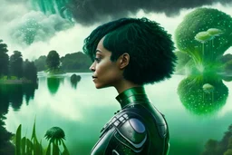 Photo of a skinny woman with a black bob hairstyle, in a green and silver android suit, looking at flying dandelion heads with octopus tentacles looking out over a lake, in an alien forest, with tall narrow cloud trees