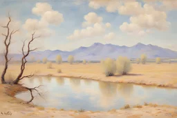 clouds, arid land, distant mountains, dry trees, pond, alfred sisley impressionism painting