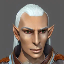 Ladore Kithollal is a 205 year old male wood elf diplomat. He has long, curled, white hair shaved on the right side and blue eyes. He has rough copper skin, realistic, high detail, uhd, 8k