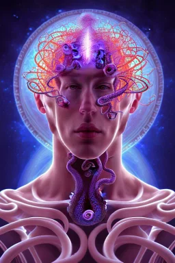 Spiritual being with Tentacles over human Head creating reality around, wrapping Spiral around Human, Psychedelic