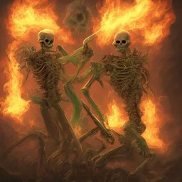 a flaming skeleton lord with a green flaming sword and a girl laying under his feet