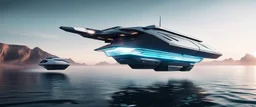 cybertruck katamaran boat spaceship hovering over water