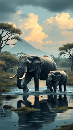 Bosch painting style nightmare in 3D , an elephant with his two small elephants crossing a river in Africa background, high Quality picture , 8k