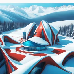 Aerial view Zaha Hadid style snow hut, digital art, hyper-detailed, red and blue colors, 8k oil painting