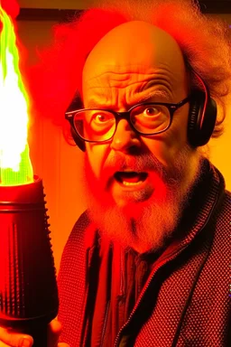 Firestarter animateur radio hardrock with a microphone. He has no hair. He has a beard. Je has glasses. He's about 50 years. Seems angry. Flames all around