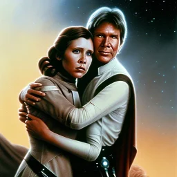 old carrie fisher embracing harrison ford in star wars, waist up portrait, photorealistic faces, intricate, color pencil masterpiece, expert, insanely detailed, 4k resolution, cinematic smooth, intricate detail , soft smooth lighting, soft pastel colors,