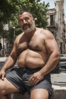 masculine muscular chubby burly mature turkish man sunbathing, sitted on an empty street, 44 years old, shirtless, bullneck, ripped dirty shorts, manly chest, very hairy, short beard, big shoulders, relaxed, photorealistic, well defined facial features, half figure photography, view angle from the ground