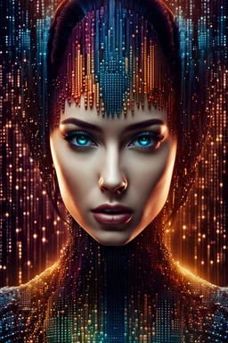 beautiful strange looking digital woman made up completely of binary code, expressive and mysterious, consisting fully of binary code, full body portrait, deep colors, detailed matte painting, fantastical, intricate detail, splash screen, colorful, fantasy concept art, 8k resolution, Unreal Engine 5, beautiful iris, sharp focus, centered