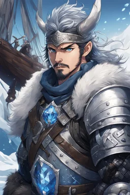 in anime style, 1man, a man with blue eyes and black hair man in silver Viking armor with fur around the neck with blue crystal on his chest holding an axe in his hands standing on a pirate ship in the artic, warrior in anime style,