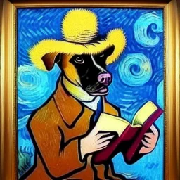 oil portrait of a dog with hat reading a book and smoking a wooden pipe by Van Gogh 8k