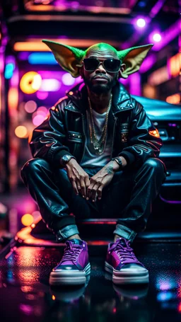 camera angle from feet, portrait of slick lord Gremlin myth buster pimp rapper cyber punk sitting on a hipster car parked in dark fashionably lit reflective wet arcade hall tunnel,bokeh like f/0.8, tilt-shift lens 8k, high detail, smooth render, down-light, unreal engine, prize winning