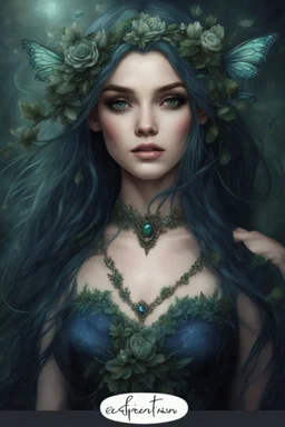 Dark bluec green hair, elven crown roses emerald Water lilies long hair lotus night Fairy princess rapunzel hair queen crown dragonflies fireflies elven tiara flowers fairy wings gothic dark blue ,fairy crown