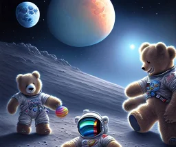 little boy and big teddy bears on moon. drifting in old bmw. oil on canvas