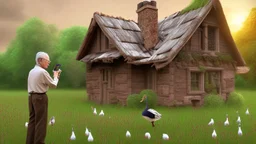 confused older man using cellphone in his house telling the ducks and geese that surround him to "go away"