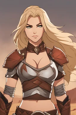 Woman with shoulder length blonde hair, light browneyes, barbarian halter top armor, battle skirt muscular, smirking, desert background, RWBY animation style