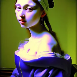 oil Portrait of a french long hair woman green sad eyes looking to viewer beautiful busty voluptous by JOHANNES VERMEER Ingres 8k