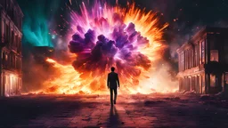 Young man walking towards a building that is exploding at night, with coloured auras around him