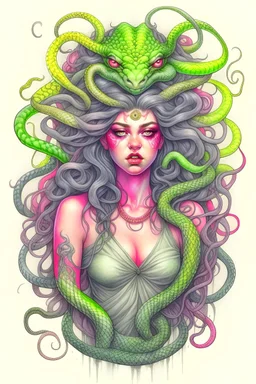 full body sketch of a beautiful young medusa with hair made of snakes, Perfect anatomy, Full body, watercolor background, Pencil art, ink and pencil, Hyperrealistic, hyperdetailled, Digital art, Greg Rutkowski, Artstation, 8 k, beautiful drawing, Paper texture, Spray paint, watercolors