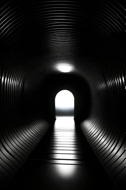 A gray tunnel that becomes increasingly narrower (like a funnel) and ends in a point. The walls are smooth. Light comes in from the only opening, so it gets darker and darker until it ends in total darkness. The tunnel is long. The light comes from the entrance. The tunnel becomes increasingly narrower, progressively smaller and darker. The tunnel is made of grey wood