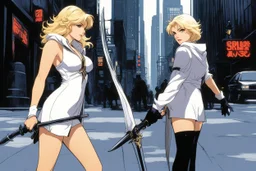 (in the style of Orion, by Masamune Shirow) two lesbian fallen angels in the shadows of the streets of Manhattan, one pale brunette and one opulente blonde (photo from a movie by Quentin Tarantino) Dahlia is a spectre: she has the apparence of a young very white woman with dark short hair, a hoodie and a scythe, she lives in the city of Manhattan. Dahlia saved Eliza and fell in love with her. She has been kidnapped by Baalzebia. Dahlia cut the head of this demon off. Then she discovered that Eli