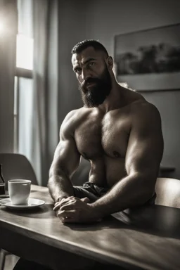 photorealistic half figure shot photography of an ugly 30 year old italian boxer with big broken nose, beefy masculine rude man, very long muslim black beard, shirtless, manly chest, big shoulders, side light, ambient occlusion, sitting on a table in a modern dining room at home, sun from window, emotive expression, shaved hair