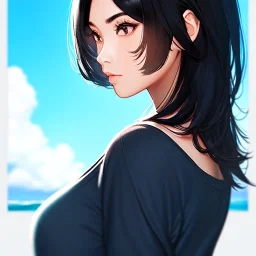 black haired woman, casual clotting, realistic, HD4k, watery cloud background, close up shot,