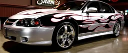 suped up 2004 chevy impala supersport musclecar, silver with black flames outlined with a thin red pinstripe, in front of Sam's club, SuperSport car, impressive, VIP, award winning, detailed