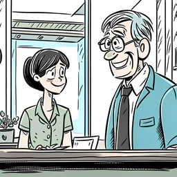 Funny cartoon of short-haired smiling female young college student talking to a frowning middle-aged lecturer, in an office