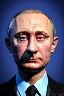 Waist up muppet Portrait, Vladimir Putin as muppet doll, Black suit, photo studio, blue background, unreal engine 5, concept art, art station, god lights, ray tracing, RTX, lumen lighting, ultra detail, volumetric lighting, 3d.