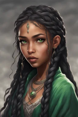 young mulatto sorceress, fifteen years old, green eyes, with long braids of black hair