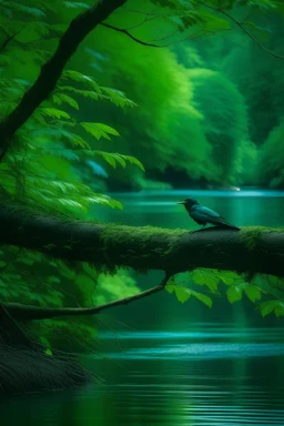 a bird sitting on the branch of a tree near a river bank in a green forest surrounding
