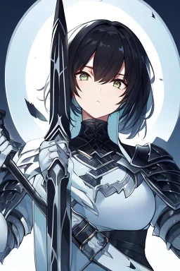 Anime girl with short black hair and sharp green eyes holding a menacing spear, black and white metal armour, portrait