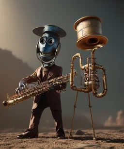 happy mechanoid person playing jazz with a steampunk theme, realistic