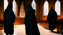 black robe hooded monks in the chapel