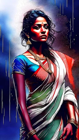 An indian beautiful supermodel in saree, rain, dawn, by Greg Rutkowski and Russ Mills, head and shoulders portrait, 8k resolution concept art portrait by Greg Rutkowski, Artgerm, WLOP, Alphonse Mucha dynamic lighting hyperdetailed intricately detailed Splash art trending on Artstation triadic colors Unreal Engine 5 volumetric lighting