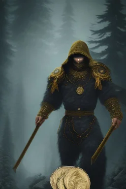 running berserker portrait , no face, black jogging suite , in the night Alps , holding coins , angels background, volumetric gold light, high detail, dark leaf tree, dark mountains in background, perfect