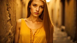 Closeup of a beautiful slender 20 year old caucasian girl. Her long thick straight hair is light brown. She is wearing a yellow sun dress. She is standing next to a wall in an old dark alley of a medieval town at night. She is staring at the viewer.