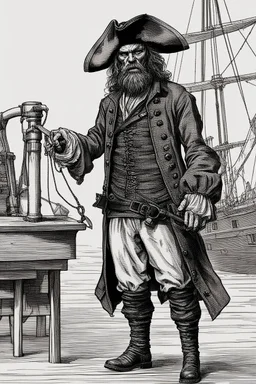 ,make a ugly human but very realistic. Make it wearing a pirate dress standing by the ship stern