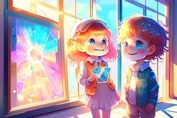 cute chibi holographic girl and boy looking at pictures happily at an exhibition room in sunshine