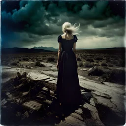 Photorealistic polaroid nothingness and distressing anguish old wooden landscape wasteland night Max Ernst, shot on Hasselblad, movie shot, details of the dress accentuated, nightmare, hypermaximalist, obsessive, hypnotic