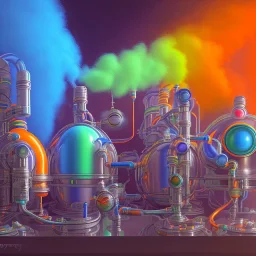 group of scientists is in the laboratory. invent new colors. smoke rises from multi-colored glassware. they are wearing overalls. color swatches in the background. hyperdetailed, orange and teal, warm colors, detailed painting, photorelistic, oil on canvas, light dust, futuristic. volumetric lighting