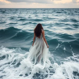 Born of the Ocean walking looking at camera in Ocean Where the sea becomes a gown and every wave moves with her. A moment of gown in waves ,