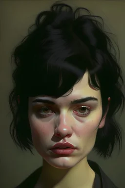 A short, brunette woman with cheeks, disheveled black hair, and a shaved lower lip