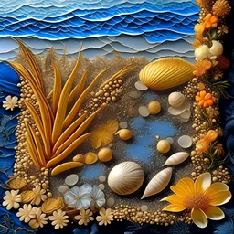 on the seashore there is a beautiful still life on the sand, made of flowers, shells, sequins, gold, reflections, in the style of Catherine Abel, Stephen Gibbs, Ernst Heckel, Timchenko Marfa Ksenofontovna. Josephine Wall. Paisley Brown. Katsushika Hokusai, high detail, clear focus, elegant, intricate, 8k, pink tones, oil on canvas, beautiful, high detail, super detail, clear quality, colorful, very cute, Thomas Kincaid