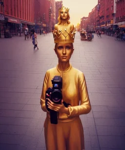 Statue of Queen of photography. Cute blonde woman. Photographer in golden crown. Standing on the street. Big camera in her hand. hyperdetailed, photorealistic, trending on artstation, greg rutkowski, beksinski, kodachrome, lomography, golden hour, bokeh, volumetric light